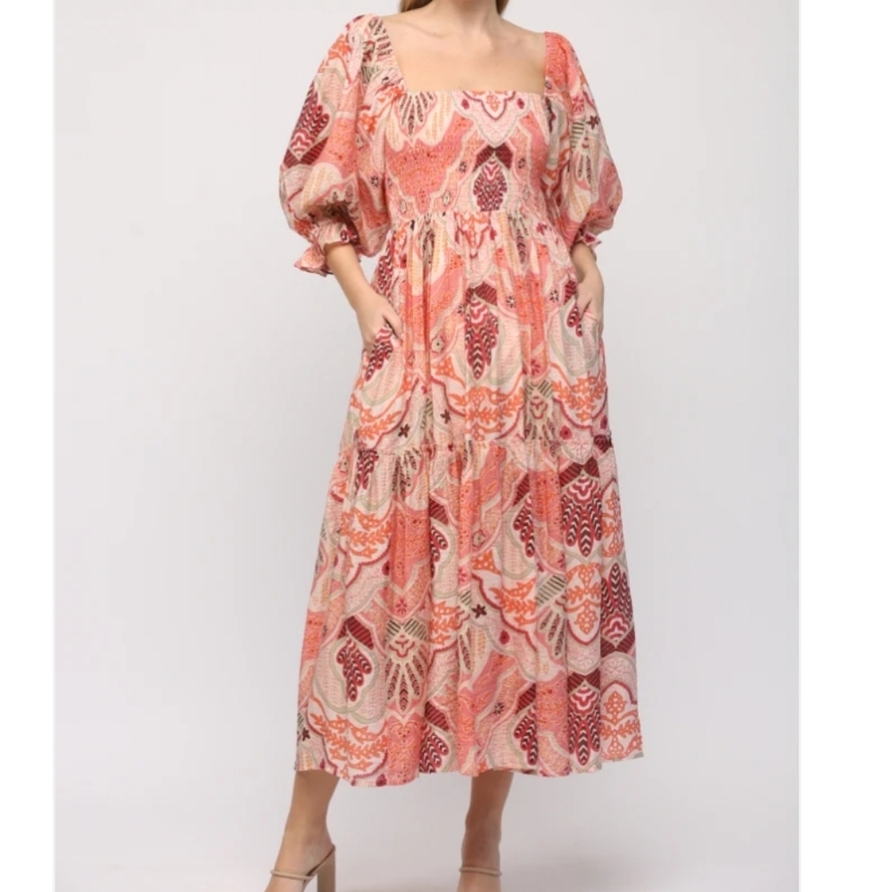 New Fate‎ Smocked Abstract Midi Dress Small